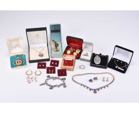A collection of jewellery and costume jewellery, to include; a 9ct gold sapphire and diamond ring, size J, a 9ct gold sapphir