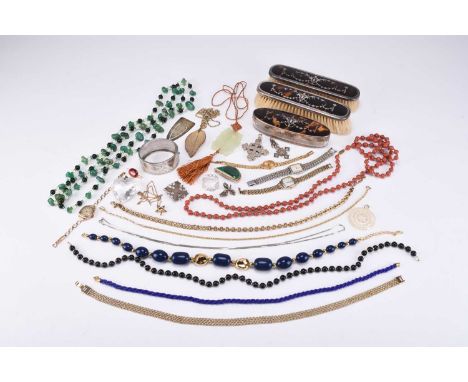 A collection of various pieces of costume jewellery, to include; a late 19th century white metal bangle with engraved bird an
