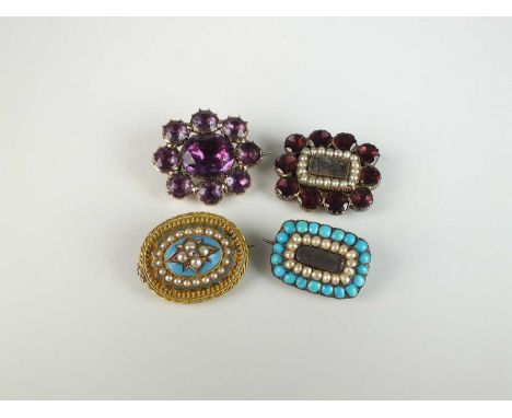 A 19th century diamond, turquoise and seed pearl oval brooch, with enclosed lock of hair to the reverse, 22mm wide, together 