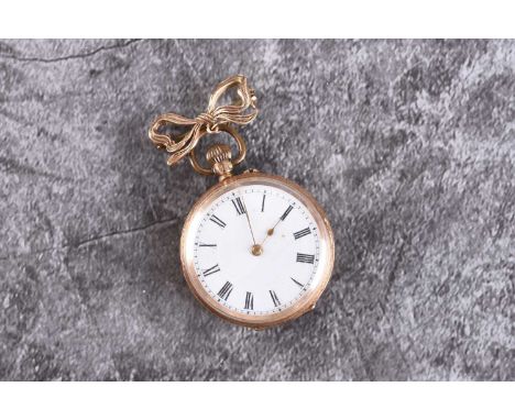 A lady's 14ct gold open face fob watchDate: Circa 1900Movement: Bridge plate, stem wind and setDial: White enamel, black Roma