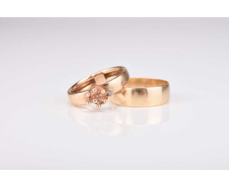 A 9ct gold plain polished wedding band, ring size S, together with a yellow metal ring, not stamped, ring size R, total weigh