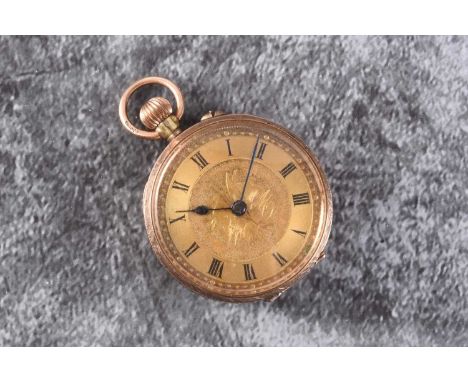 A lady's 9ct gold open face pocket watchDate: Circa 1900Movement: 3/4 plate, stem wind and set, stamped SphinxDial: Engine-tu