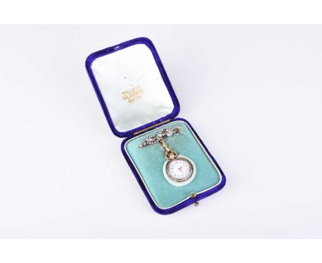 A late 19th / early 20th century rose cut diamond encrusted fob watch, the circular white enamel dial with blue Arabic numera