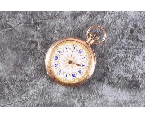 A lady's 12ct gold fob watchDate: Circa 1900Movement: Jewelled bridge plate, stem wind and setDial: White enamel, blue Roman 