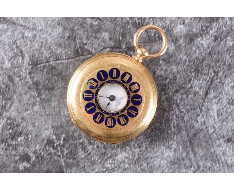 A lady's 18ct gold enamelled half hunter fob watch Date: Circa 1900 Movement: Jewelled bridge plate, key wind and set Dial: W