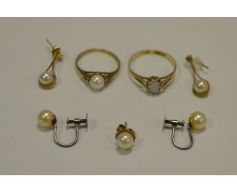 A single stone pearl ring, 9ct gold shank;  a pair of cultured pearl earrings;  an opal ring, 9ct gold shank;  etc 