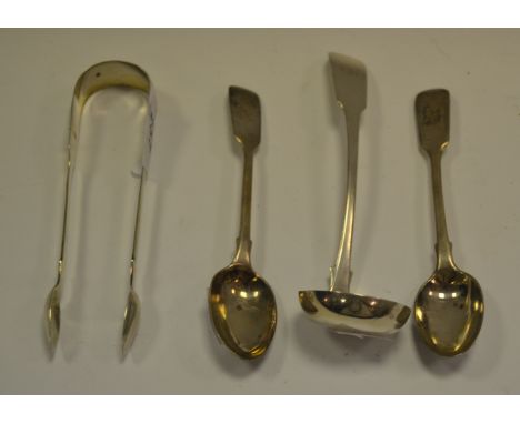Silver - a William Robert Smily pair of sugar tongs, stamped Edinburgh, inscribed MB; a silver ladle, hallmarked Edinburgh; s