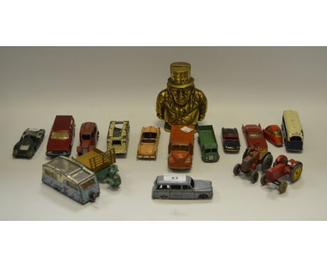 Toys - Dinky Austin Healey, Studebaker Golden Hawk 250; other play warn Dinky's; Corgi Heinkel, etc; a brass Transvaal money 