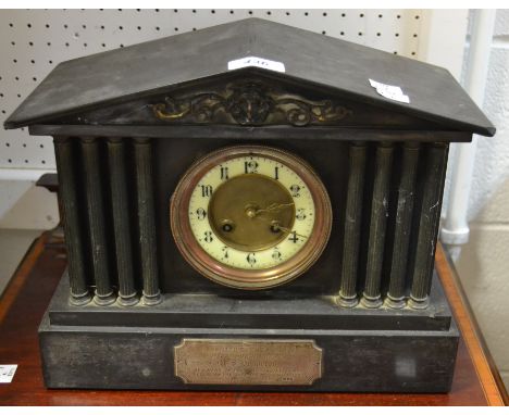 A Victorian slate mantel clock, architectural case, c.1890