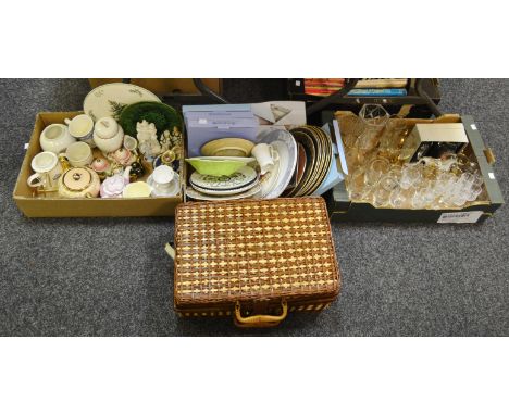 Ceramics and Glass  - Wedgwood commemorative plates;   sherry and wine glasses;  continental tea service; picnic hamper;   et