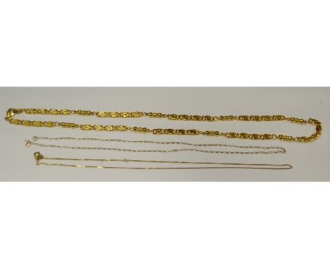 A 9ct gold chain;  another, 2.1g;  a scroll link chain, marked 24k, 20g