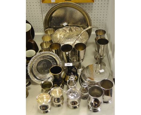 Plated Ware - an EPNS rose bowl;  a double lipped punch ladle;  goblets;  coasters;  etc 