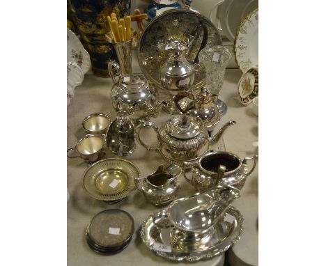 Plated Ware   - a Victorian three piece tea service, embossed with scrolls, c.1890;  spill vase;  gallery tray;   etc 