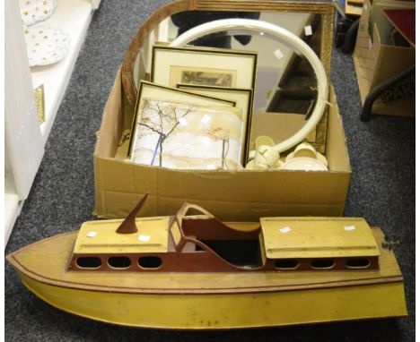 Household Goods - a biscuit tin; a Royal Doulton The Coppice pattern part tea service; framed lithographic prints; mirrors;  