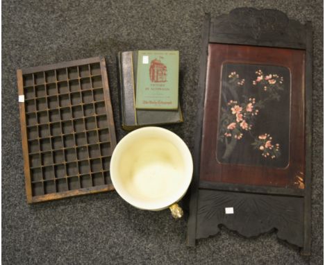 A Japanese lacquered and padouk wood two-fold fire screen, Meijo period;  a thimble rack;  a chamber pot;  etc 