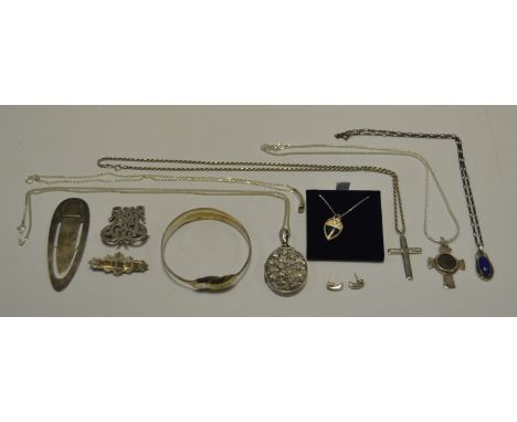 Silver - a Georg Jensen boxed pendant; three chain and pendant; chain and locket; 2 brooches; spoon bangle and bookmark; etc 