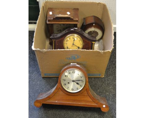 An early 20th century walnut Napoleon hat mantel clock, c.1930; another, Smiths; other mantel clocks (4)