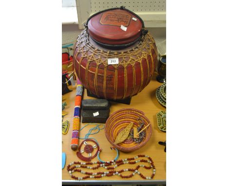 A large Chinese rice pot; Zulu knobkerry; coral necklace; Zulu bangle; etc. 