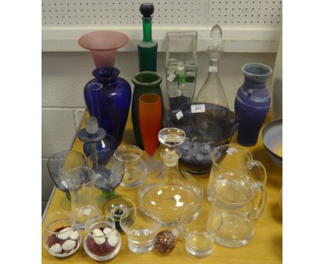 Glassware - a Dartington clear glass ships decanter, Dartington beakers, coloured art glass, etc.