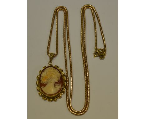 A 9ct gold cameo brooch and 9ct gold snake chain, 16.4g