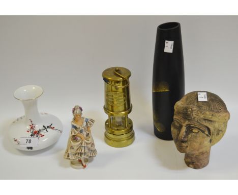 A Japanese lacquered cylindrical vase, gilt feathered leaves, Meiji period; a vase; a bust; a brass miners lamp; etc.