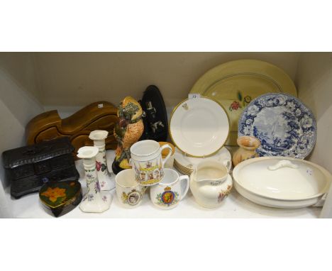 Ceramics and Collectables - commemorative mugs; Byland Abbey, Yorkshire blue and white plate c.1860; Susie Cooper meat plate;