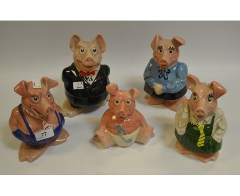 A set of Wade Natwest pigs, Natwest Sir Nathaniel Westminster, Lady Hillary, Maxwell, Annabel, Woody the Baby