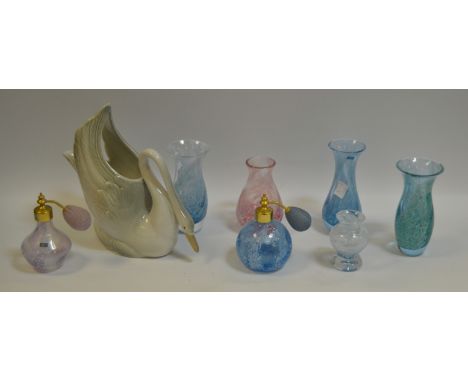 A Caithness mottled glass scent atomiser; similar vases; an M Requena swan vase