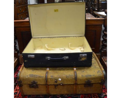 Vintage Luggage - a blue 'Globe Trotter' suitcase; a 'Kennards Ltd., Croydon' steam trunk, wooden runners (2)