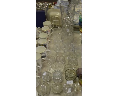 Glassware - coloured hop glasses; clear glass salts; port decanter and glasses, etc 