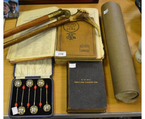 Household Goods - a horn hafted beech walking stick, another adjustable with brass hafted handle; a cased set of EPNS coffee 