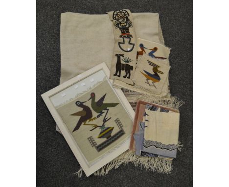 A Tumi hand-woven woollen tapestry, contemporary frame 56cm x 46cm, others Tumi; other hand-woven tapestries (1 box)