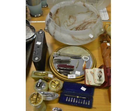 A 1930s frosted glass ceiling dome; pen knives; onyx lighters; Brownie camera; etc 