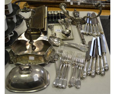 Plated Ware - a Victorian three bottle decanter stand, c.1880;  a plate dome;  close plated cutlery;  coffee spoons;  etc