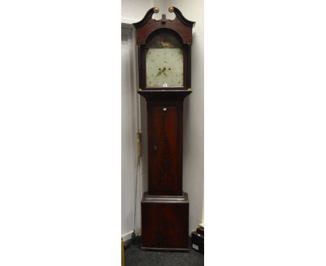 A George III stained pitch pine longcase clock, hand-painted spandrels, twin winding holes 