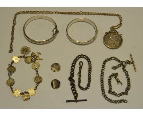 Two silver bangles, two Albert chains, a coin bracelet with silver charms; a mounted Victorian 1889 crown and chain; etc 