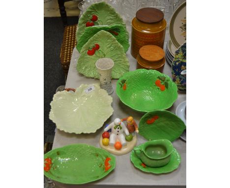 Ceramics - Carlton Ware salad leaf dishes; The Snowman Soft Landing figural group; ; Belleek vase; Hornsea storage jars; 