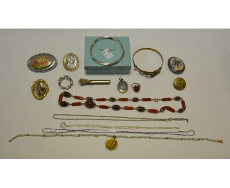 Costume Jewellery - seed pearl necklace; South African mining bangle; brooches; necklaces; etc 