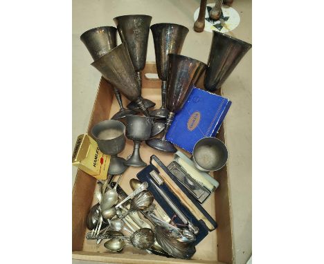 A collection of silver plated goblets, silver plated cutlery, a lighter pen etc 