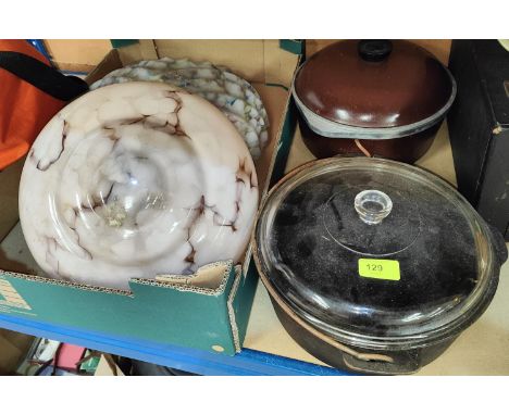 A cast iron cook pot, a Club cook pot, two spatter glass ceiling light bowls 
