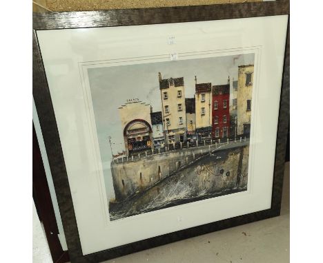 Tracey Savage:&nbsp; Afternoon Matinee, tall houses on a quayside, signed limited edition print, 44 x 42cm, framed and glazed