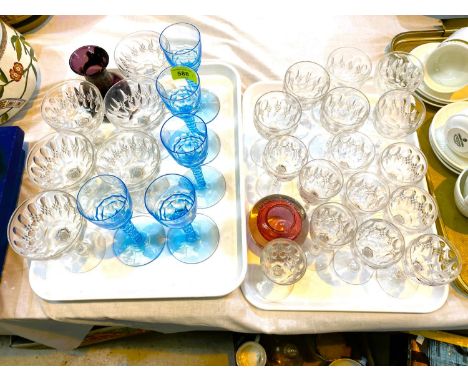 A set of 5 late 19th century, early 20th century light blue slice cut stemmed glasses, 6 coupe glasses and others. 