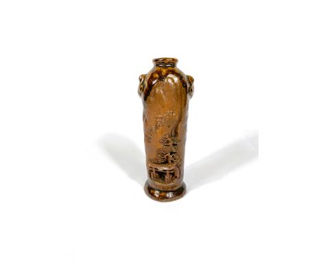 A Japanese part bisque brown stoneware vase, pierced decoration of a temple, with inscription, 14.5cm 