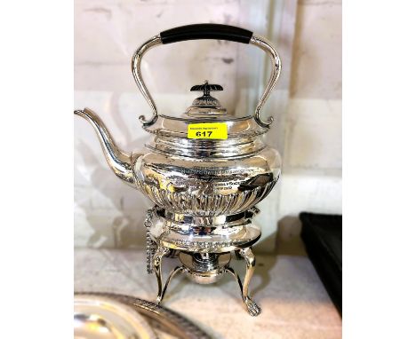 A silver plated kettle on stand with inscription, other silver plated trays other silver plated teaware etc 