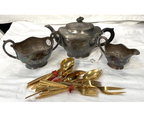 A Rococo style 3 piece silver plated tea service; a quantity of gilded cutlery 