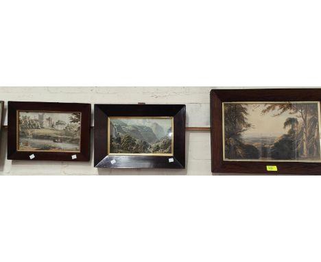 A 19th century colour print of woodland glade with distant castle, 23 x 37cm, in rosewood casement and 2 similar pictures