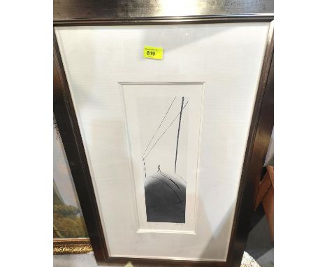 After Makenzie Thorpe: signed limted edition print, man walking through telephone poles, 103/830 framed and glazed 48x18cm 