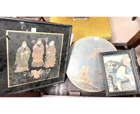 A Japanese wood cut portrait a Chinese silk and woolen rounded&nbsp; 