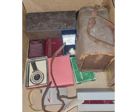 A Concord pin badge in a box; a Zippo Greens keeper boxed; a Ronson lighter boxed; a Bakelite box etc. 