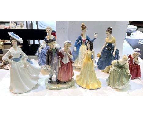 A collection of Royal Doulton ladies and other figures, eight in total (1 a.f); a Crown Devon Art Deco part coffee service an